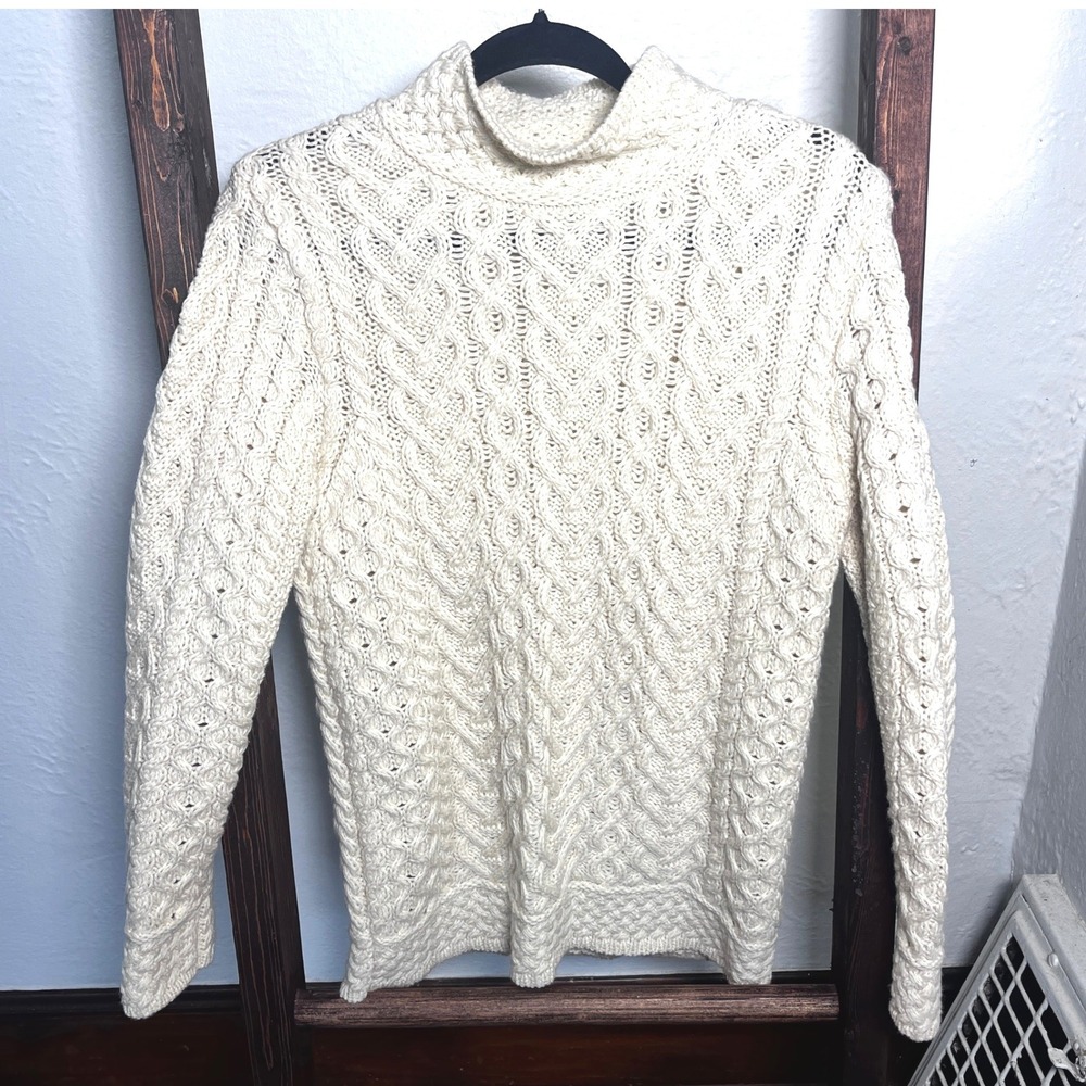 Aran Mor Ireland 100% Merino Wool Cable Knit Fisherman Sweater Cream Small VNTG